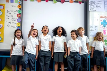 Naklejka premium Diverse children joyfully learning together.