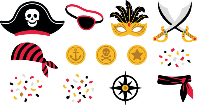 Pirate Party Photo Booth Props Icon Set with Costume Accessories Including Skull Hat Eyepatch Swords Bandana Gold Coins and Confetti Vector Illustration