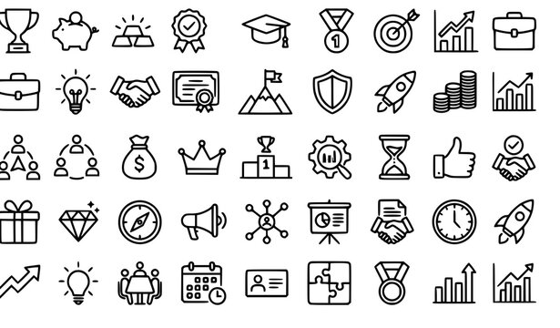 Create a professional vector illustration featuring a set of 45 business and achievement outline icons arranged in a clean 5x9 grid layout on a solid white background. Include icons such as trophy, pi