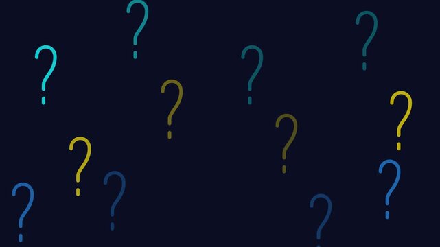 Animated question marks on dark background, colorful mystery symbols motion graphic, conceptual inquiry and problem solving video loop