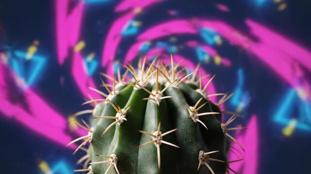 Green cactus plant against vibrant pink neon abstract background