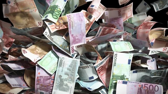 Euro bills fall into the frame, gradually covering the entire screen, then disappear. Transition for a money theme, financial overlay, and wealth concept animation. Transparent background. ProRes 4444