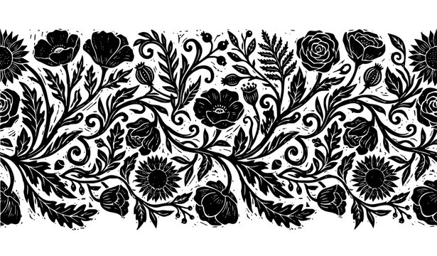 Ornate Vintage Linocut Seamless Floral Border with Poppies Sunflowers Ferns and Botanical Vines in Black and White Block Print Style for Elegant Designs