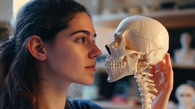 Woman studying anatomy model