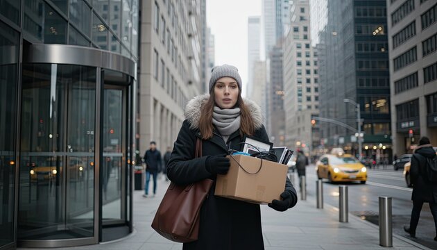A woman stands on a New York City sidewalk in a winter coat holding a cardboard box of personal belongings after losing her corporate office job today