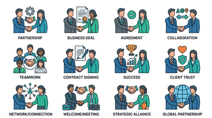 Fototapeta premium Business Partnership and Agreement Icons: Handshake, Deal, Success, Collaboration