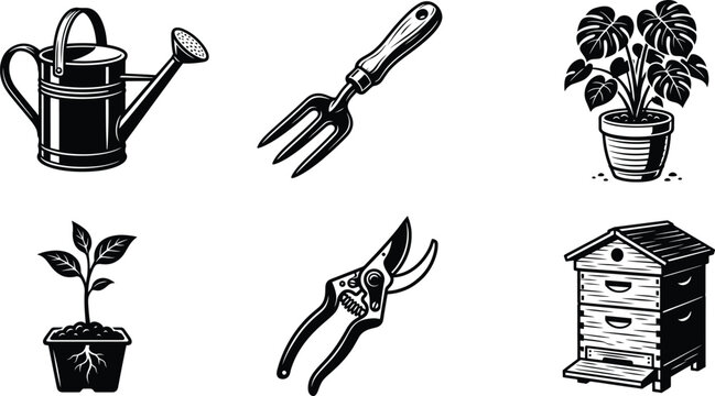 Black and white vector illustration of gardening tools and plants with a beehive