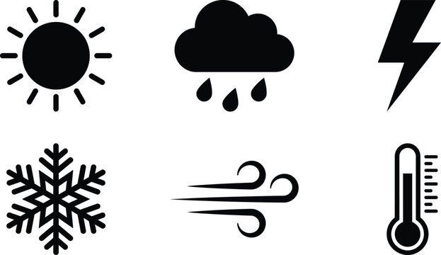 Weather icons set including sun, cloud, lightning, snowflake, wind, and thermometer in black vector graphics on white background illustration design