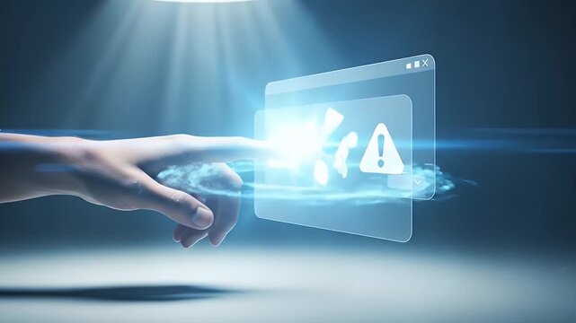 Finger Interacting with Transparent Interface in a Dark Environment with Digital Overlays and Soft Blue Lighting and Minimalist Background for Abstract Concept