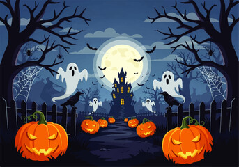 Fototapeta premium Spooky Halloween night scene with a haunted castle, glowing pumpkins, and friendly ghosts in a vector flat design