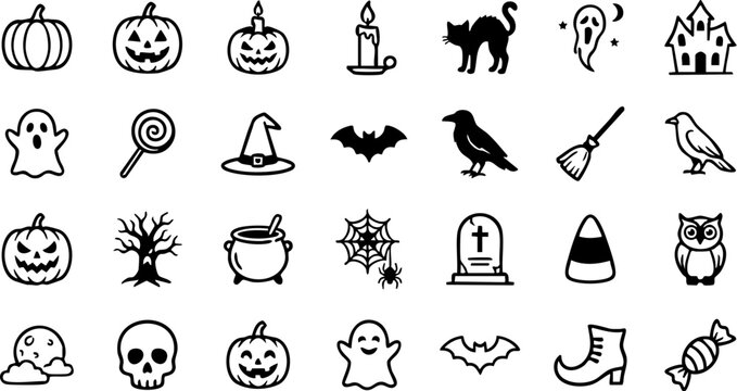 An extensive set of traditional Halloween line art icons featuring pumpkins, ghosts, and other spooky elements, ideal for festive design projects and holiday themes
