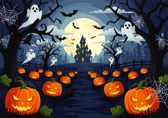 Fototapeta premium Spooky Halloween night with glowing jack-o-lanterns and ghosts approaching a haunted castle, a vector flat design