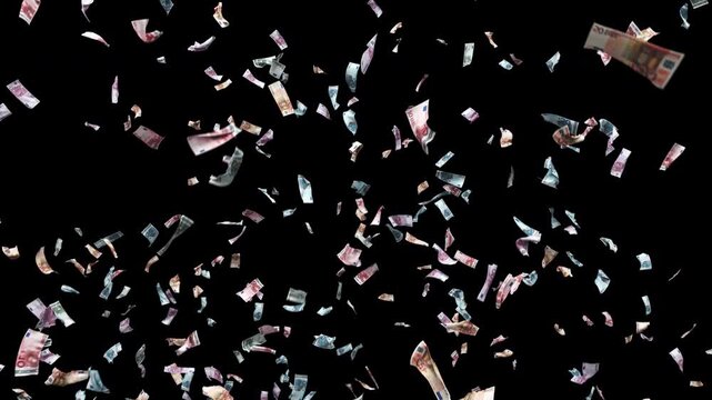 Euro banknotes explode. Money flies across the screen like confetti, against a transparent background. ProRes 4444