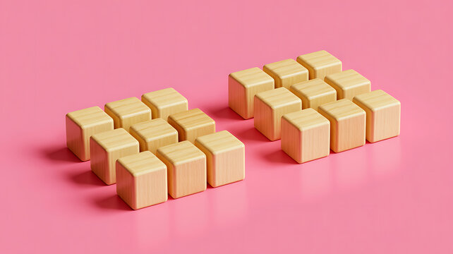 Two groups of wooden blocks on pink background, cubes arranged blocks