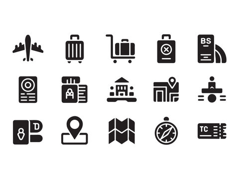 Travel and tourism icons such as airplane luggage travel documents and navigation tools on white background