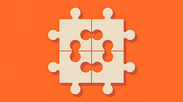 Interlocking puzzle pieces, six beige jigsaw puzzle pieces on orange background