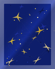 Fototapeta premium Abstract background with golden and blue stars connected by dotted lines on dark blue.