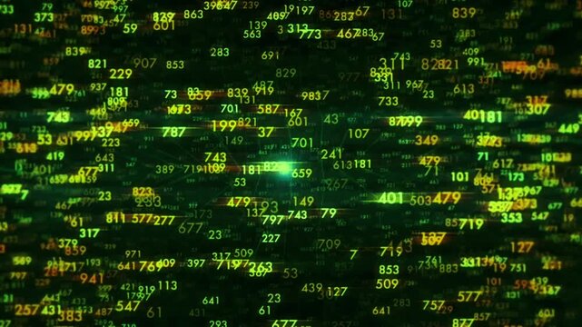 Abstract grid of glowing green random numbers and digital code streaming in a circular motion on a black screen, visualizing data center processing, hacking, network security, and AI logic.
