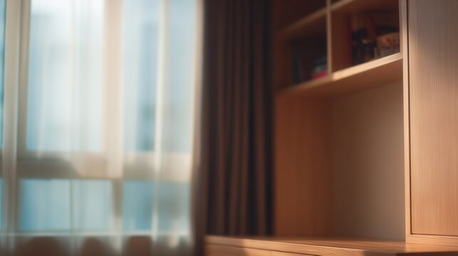 corner. Cozy home office corner with wooden details, warm lighting, and a naturally lit blurred background. pitch deck slides.