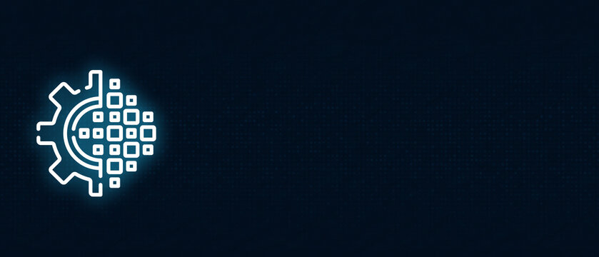 Neon Digital Gear Icon Symbolizing Technology Integration and Workflow Optimization