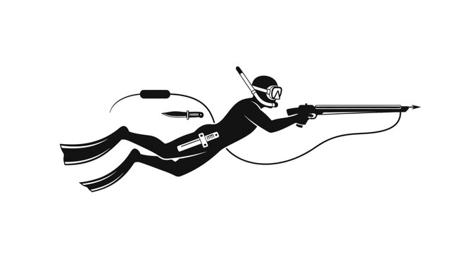 Black Silhouette of a Spearfishing Diver with Equipment