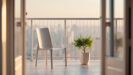 Fototapeta premium Peaceful minimalist balcony with a white chair and green plant overlooking a blurred city skyline at golden hour.