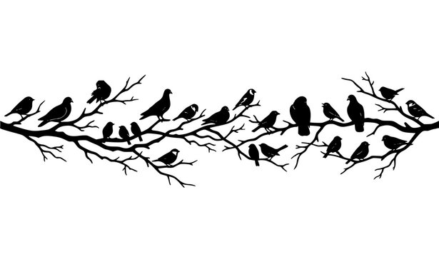 Birds perched on tree branch silhouette vector graphic element with small songbirds resting on twig isolated on white background