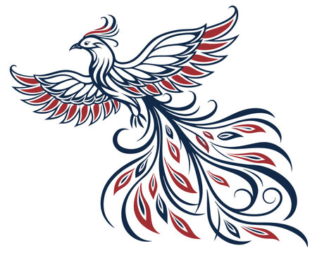 Blue and Red Phoenix Bird Flying with Spread Wings and Flowing Tail on White Background