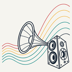 Loudspeaker Box with Large Horn and Five Multicolored Wavy Lines on Off-White Surface © felesa11