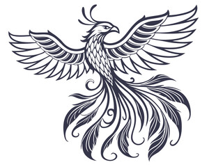 Fototapeta premium Phoenix Bird with Spreading Wings and Long Flowing Tail Feathers in Dark Blue on Plain White