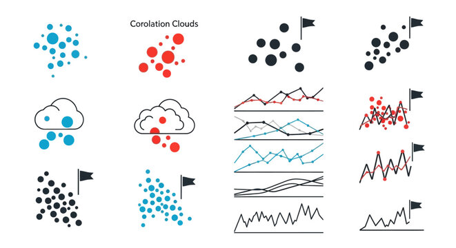 Data Visualization Icons Set: Correlation, Graphs, Charts, Clouds, Flags