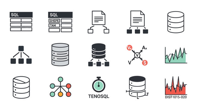 Database and SQL Icons Set: Data Storage, Networking, Charts, and Analytics