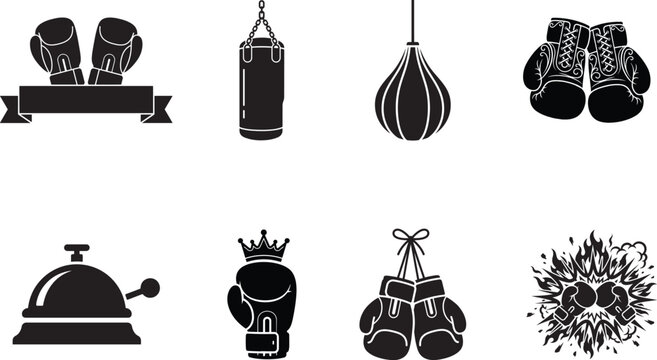 Boxing Equipment and Accessories Black Silhouette Icon Collection