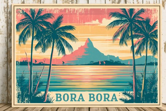 Bora bora vintage travel poster with tropical sunset