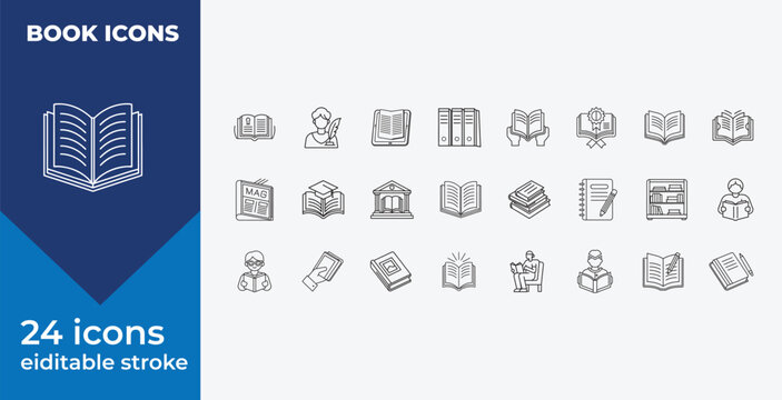 Book icons set for education and  learning, reading, school, university, with editable stroke isolated on white background