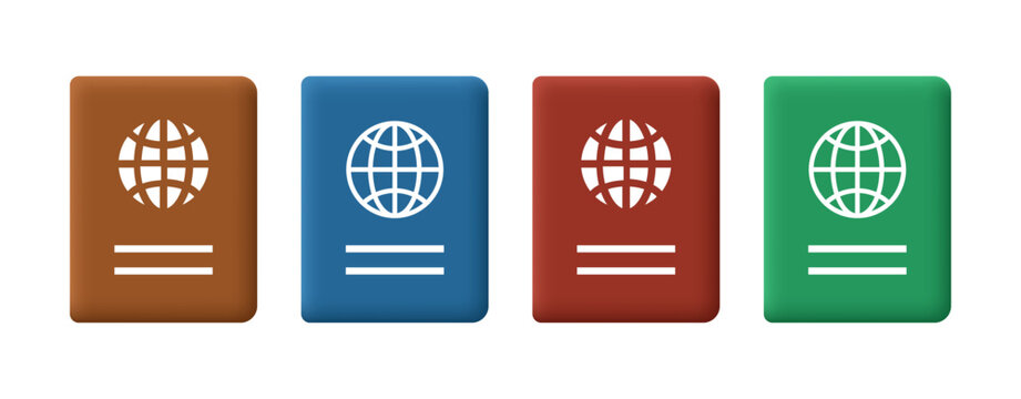 Passport icon set. 3D claymorphism vector illustration
