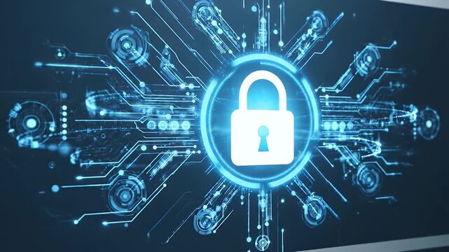 Finger Pointing at Holographic Padlock with Login Interface on Dark Blue Background