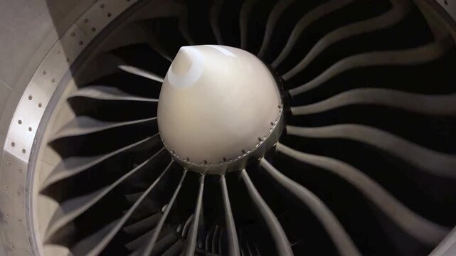 Modern passenger aircraft jet engine turbine blades rotation detail view high bypass turbofan mechanism commercial aviation industry background footage 4k