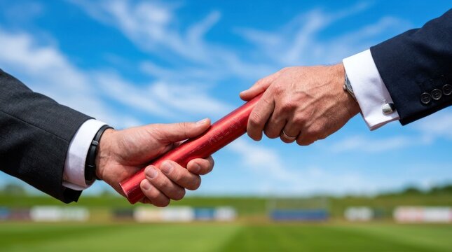Businessmen passing a red relay baton under a blue sky symbolizing teamwork and succession.