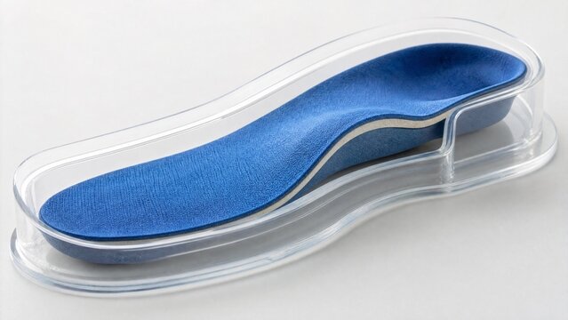 corrective. Orthopedic shoe insert inside a clear mold, showing arch support. product launch decks, UI/UX mockups, designed for data visualization dashboards and holographic UIs.