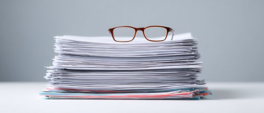 Disorganized stack of papers with eyeglasses on top against plain background