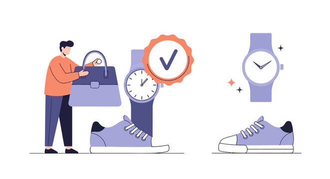 Man Shopping for Shoes and Handbag, Quality Check Mark Icon, Modern Fashion