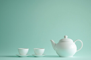 Fototapeta premium White teapot and teacups on light blue background minimalist still life composition