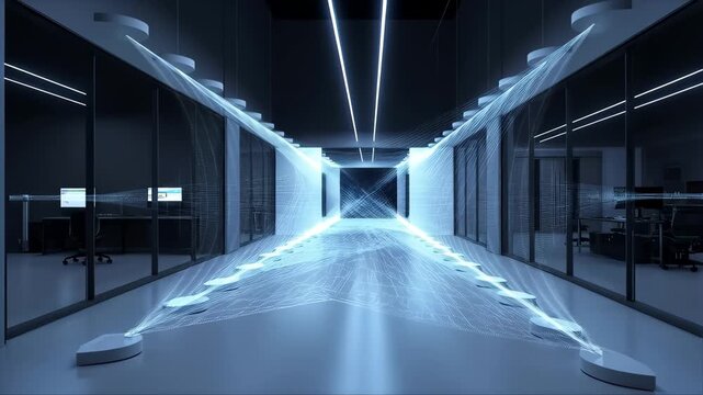 Tunnel Corridor with Blue-White Light Trails and Geometric Reflections, Futuristic 3d Photogrammetry Scanning Concept for Tech and Research