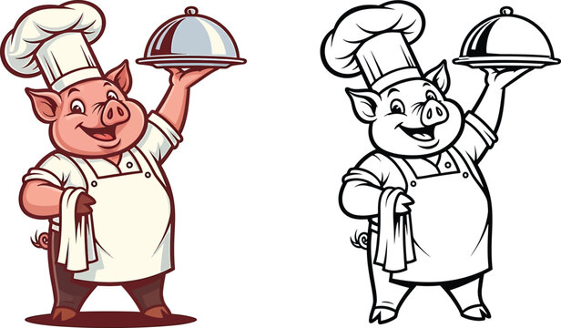 Cute chef pig icon holding serving dish