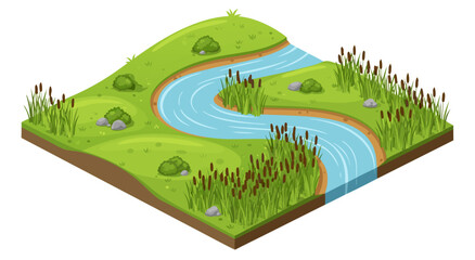 Obraz premium Isometric Landscape Illustration of a Winding River Through Lush Green Fields Vector Graphic Art Design for Nature Environment