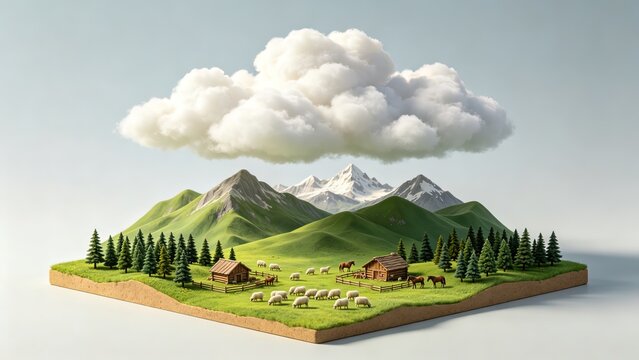 Tiny alpine grassland miniature island snow peak fir wooden house livestock big fluffy cloud 3D backdrop