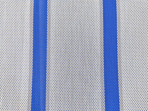 A close-up of a woven surface featuring vertical blue stripes on a light background. The tight weave structure, repeating geometric pattern, and synthetic material texture are visible. An abstract bac
