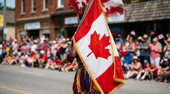 Happy Canada Day celebration with a parade participant holding the Canadian flag while walking down a street lined with people showing pride