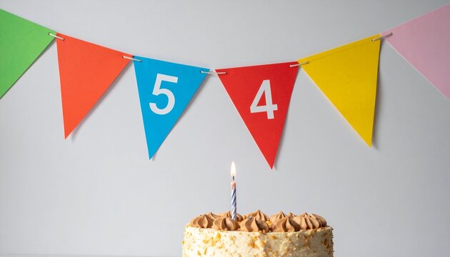 Festive Flag Garland and Cake with Number 54 for Birthday and Anniversary Party